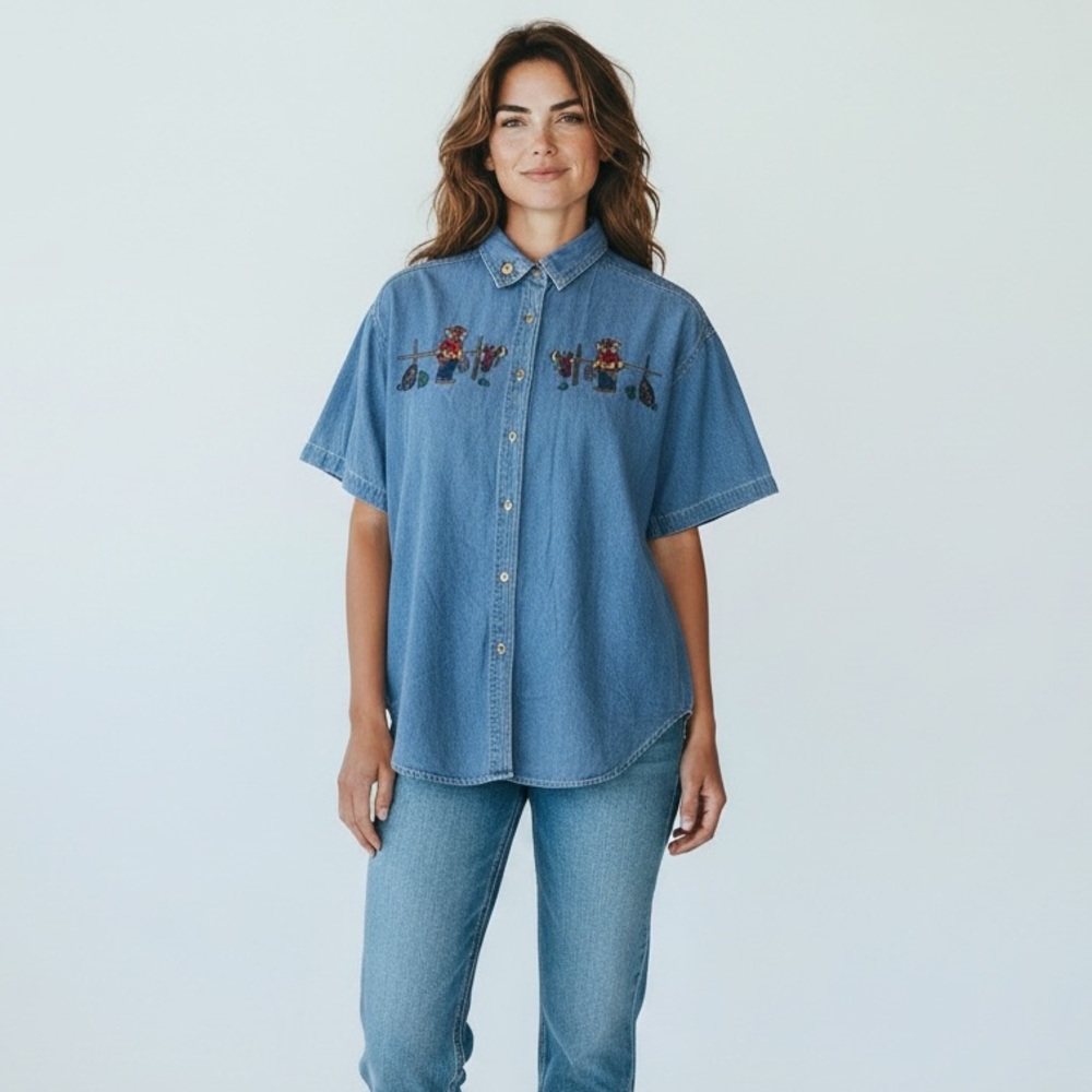 Vintage Quizz Again Denim Shirt Cowboy Bear Embroidery Men’s L Western Button Up